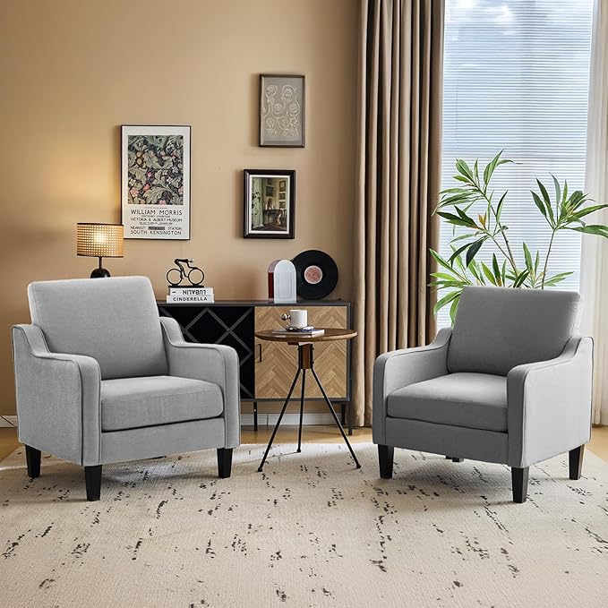 VINGLI Mid Century Modern Accent Chair, Light Grey Fabric Accent Chairs for Living Room Upholstered Armchair with Scooped Arms for Bedroom, Apartment, Studio, Office, Waiting Room