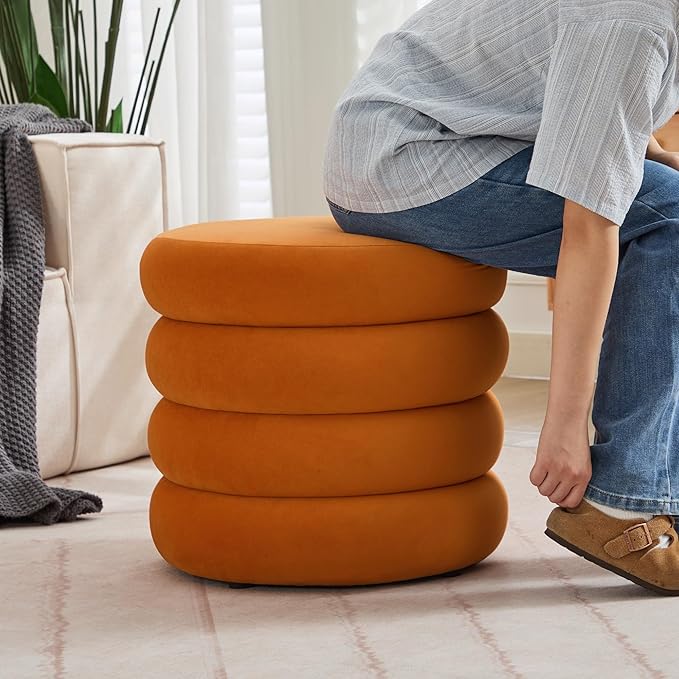 ONEVOG Round Storage Ottoman, 20" Small Ottomans Table with Removable Lid, Velvet Fabric Soft Footrest Stools for Couch, Upholstered Stuffed Circle Seat for Living Room/Bedroom/Dorm/Vanity, Orange