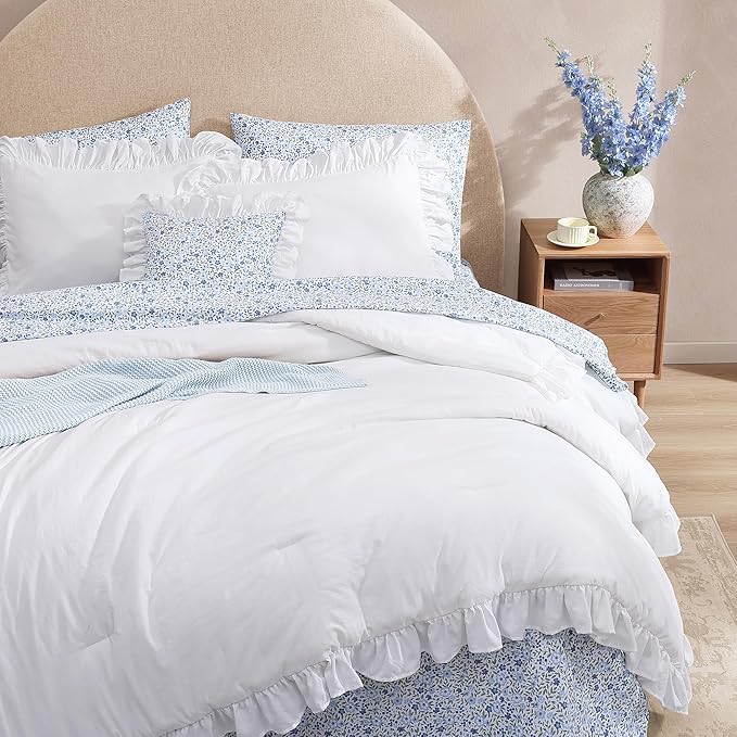 Twin XL Comforter Set - 5 Pieces Ruffle White Bedding Sets, Shabby Chic Farmhouse Bed in a Bag Twin XL with Ruffle Comforter, Floral Sheets, Pillowcases & Shams