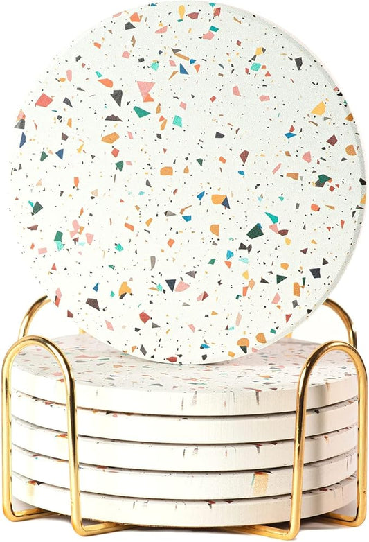 Terrazzo Drink Absorbent Coasters with Holder Set of 6, Ceramic Coaster for Drinks, Coffee Table Decor, Water Absorbing Stone Coaster for Drinks (Confetti)