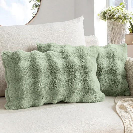 MIULEE Pack of 2 Decorative Pillow Covers Thick Soft Plush Faux Fur Lumbar Throw Pillows Luxury Home Decor for Couch Bedroom Living Room Sofa,12x20 Inch Sage Green