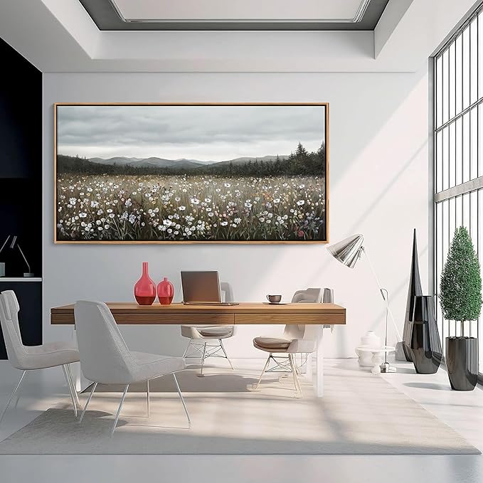 HGUAOA Vintage Landscape Wall Art for Bedroom and Living Room - Large Floral Artworks Farmhouse Wall Decor - Framed Neutral Nature Pictures - Above Bed Wall Decor with Mountain Scenery 29×58IN