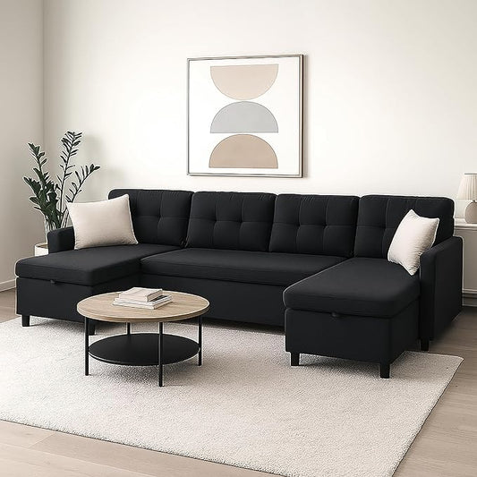 Pull Out Couch, Oversized Sleeper Sofa Couch, Sectional Sleeper Sofa Bed for Living Room Bedroom Lounge (Black, 110 Inch)