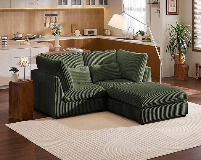 Oversized Modular Sofa, Extra Deep Cloud Corduroy Sectional Couch with Ottoman Chaise, Fluffy Chenille Loveseat L Sofa for Living Room, Villa (Loveseat+Ottoman, Corduroy Green)