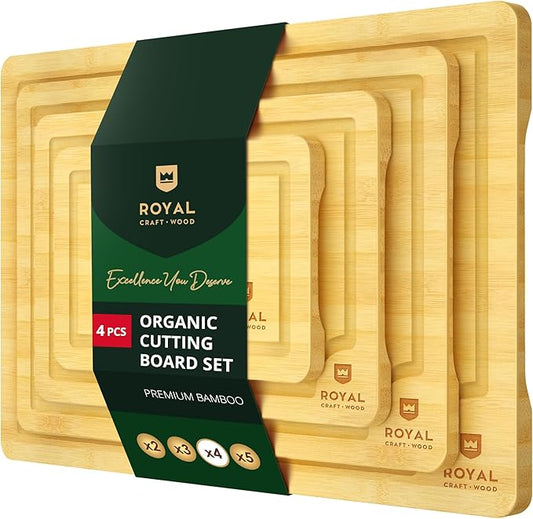 ROYAL CRAFT WOOD Wooden Cutting Boards for Kitchen Meal Prep & Cutting - Bamboo Wood Cutting Board Set with Deep Juice Groove Side Handles - Charcuterie & Chopping Butcher Block for Meat (4 Pcs)