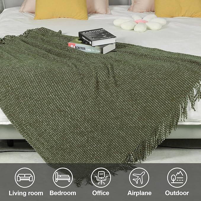 Blagic Knitted Throw Blanket for Couch, Soft Farmhouse Throw Blanket with Tassels,Home Decorative Lightweight Blankets,Spring Throws for Bed/Chair/Sofa,Wheat Textured (Green & White,60" W x 80" L)