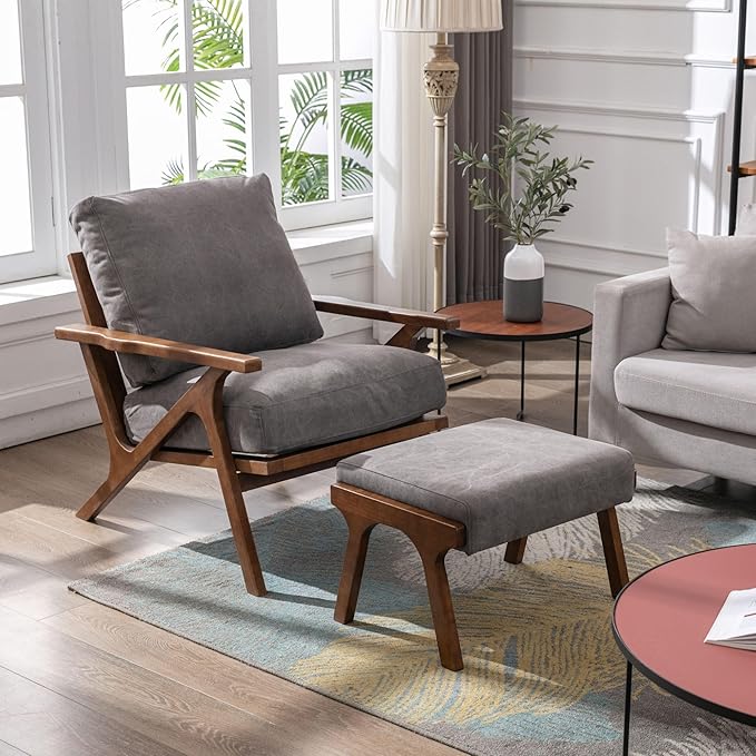 Wahson Mid Century Arm Chair and Ottoman Set, Upholstered Accent Armchair with Wood Frame and Canvas Cushions, Leisure Slipper Chair for Living Room/Bedroom, Grey