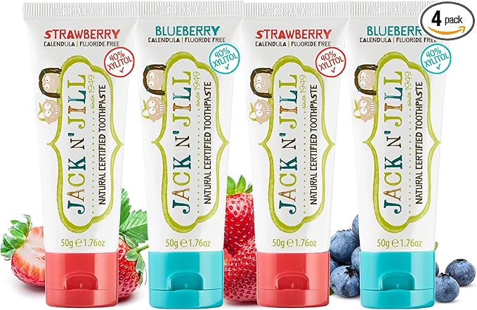 Jack N' Jill Natural Toothpaste for Baby and Infants - Fluoride Free Training Toothpaste, 40% Xylitol, BPA Free - Strawberry & Blueberry, 1.76 oz (Pack of 4)