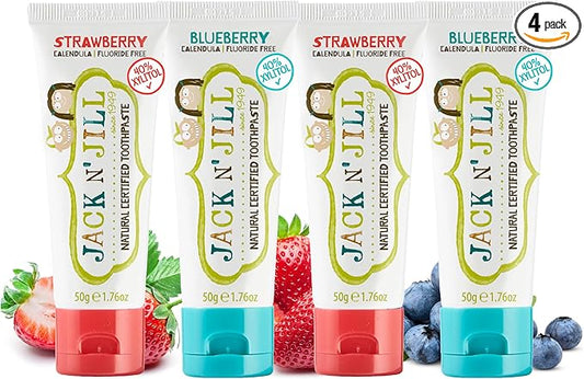 Jack N' Jill Natural Toothpaste for Baby and Infants - Fluoride Free Training Toothpaste, 40% Xylitol, BPA Free - Strawberry & Blueberry, 1.76 oz (Pack of 4)