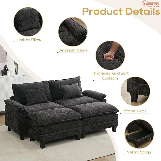 URRED Modular Sectional Sofa Comfy Cloud Couch, Modern Chenille Sofa Sleeper Deep Seat Couches with Ottoman/Pillows for Living Room (Black, 82.6''- 2 Ottomans)