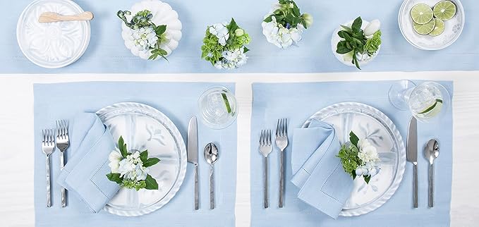 Solino Home Linen Sky Blue Table Runner 120 Inches Long - 100% Pure Linen Hemstitch 14 x 120 Inch Table Runner for Dining - Classic Hemstitch