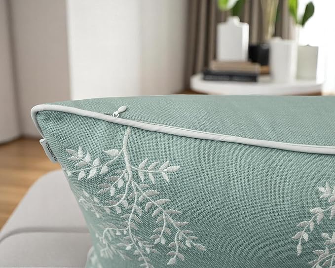 VAGMINE Embroidered Leaves Throw Pillow Cover - 18x18 Inches Square - 100% Cotton Light Teal Decorative Cushion Cover - Elegant Embroidery Pattern - Coastal Home Accent for Sofa, Bed, Living Room