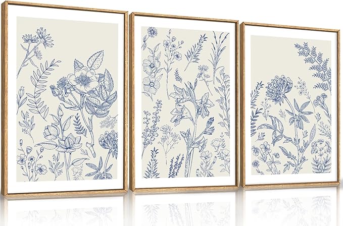 HPINUB Classic Chinoiserie Floral Framed Canvas Wall Art Set,Watercolor Blue and White Botanical Flowers Wall Decor,Navy Blue Minimalist Wildflower Art Print for Living Room,Bedroom,Office-16 x24 x3