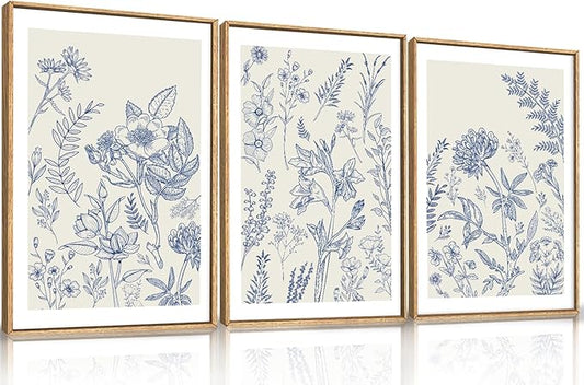 HPINUB Classic Chinoiserie Floral Framed Canvas Wall Art Set,Watercolor Blue and White Botanical Flowers Wall Decor,Navy Blue Minimalist Wildflower Art Print for Living Room,Bedroom,Office-16 x24 x3