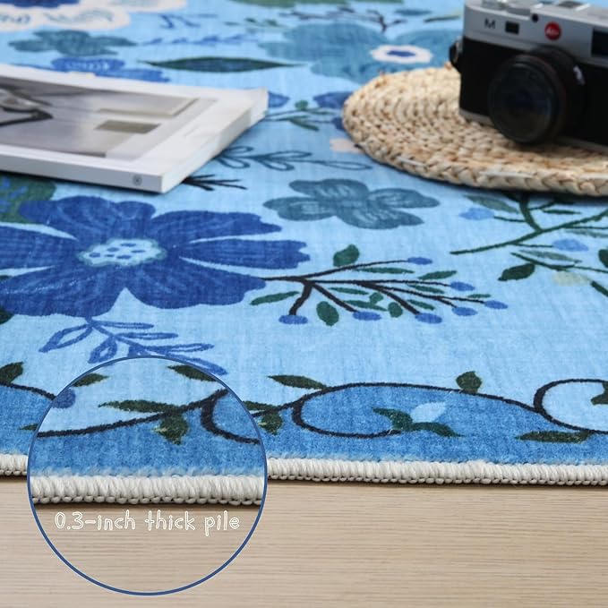 Runner Rug for Hallways Kitchen Rug Non Slip 2'6''x8' Washable Runner Rugs with Rubber Backing Soft Floral Carpet Runner for Hallways, Kitchen, Laundry, Bedroom, Bathroom(Blue)
