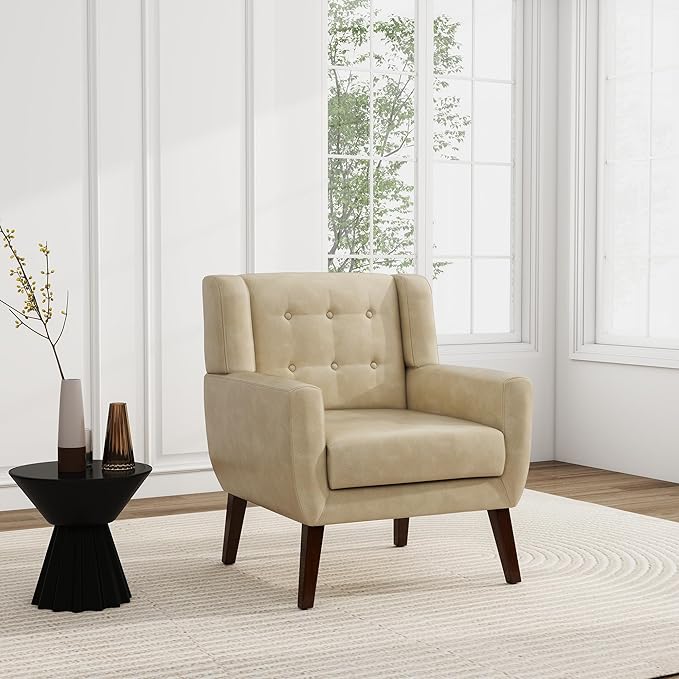 UIXE PU Leather Accent Chairs Set of 2, Modern Arm Club Chair Upholstered Armchair for Living Room, Comfy Single Sofa Seats Button Tufted Reading Seating, Cream