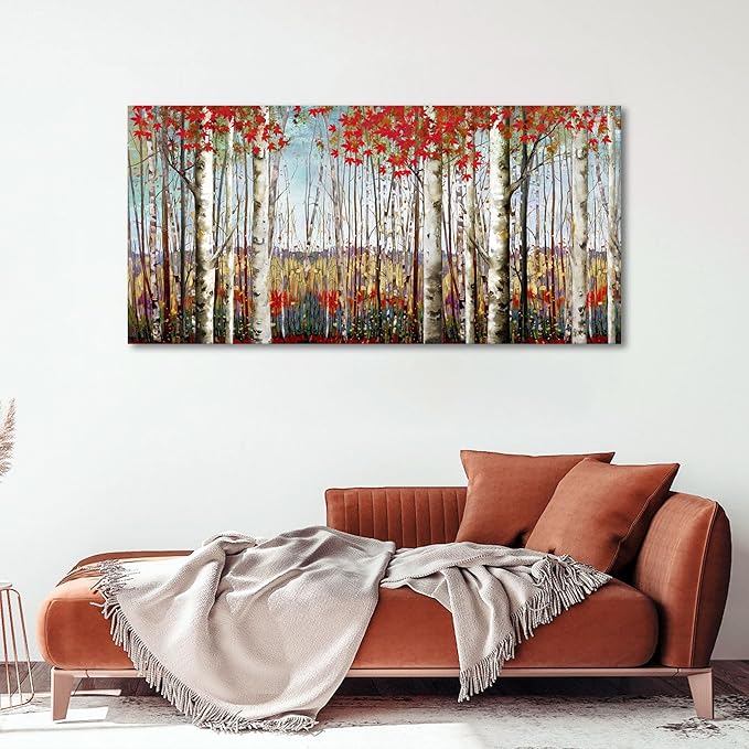 Canvas Wall Art for Living Room Bedroom Modern Wall Decor of Red Leaves White Birch Tree Forest Giclee Print Painting Artwork Wall Decoration 24x48 Large Size with Wood Framed Easy to Hang for Home