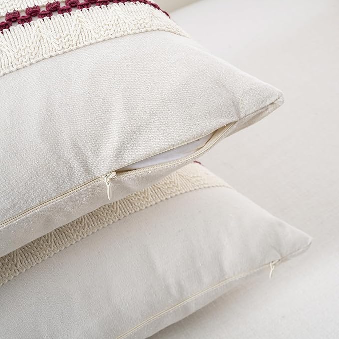 Fancy Homi Set of 2 Burgundy Boho Decorative Throw Pillow Covers 20x20 Inch for Couch Bed Sofa, Aesthetic Modern Farmhouse Christmas Room Decor, Soft Cotton Cute Textured Wind Red Cushion Case