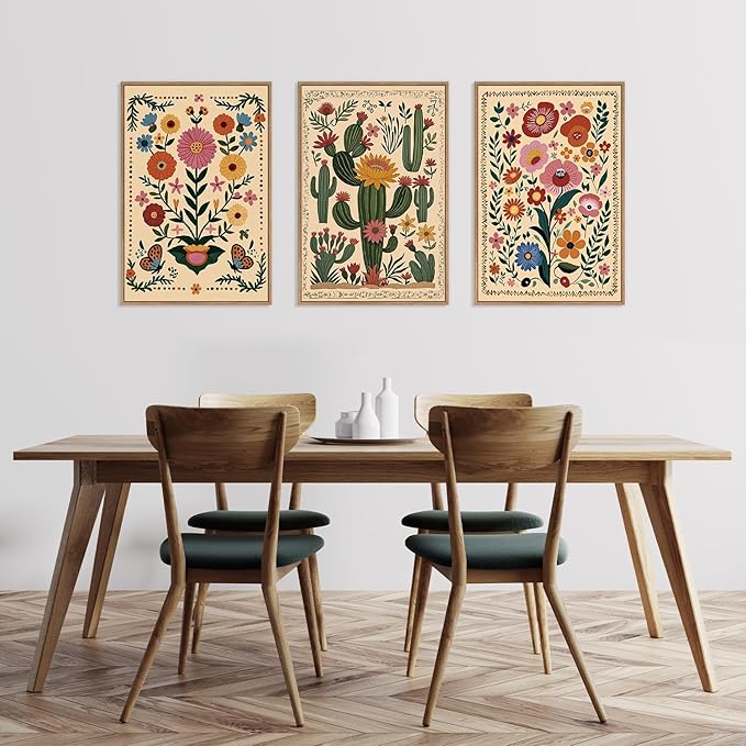 HLNIUC Vintage Flower Framed Canvas Wall Art,Colorful Desert Cactus Flower Wall Decor Set of 3(16”x24”)Boho Botanical Floral Butterfly Wall Painting,Large Desert Plant Art Print for Living Room,Office