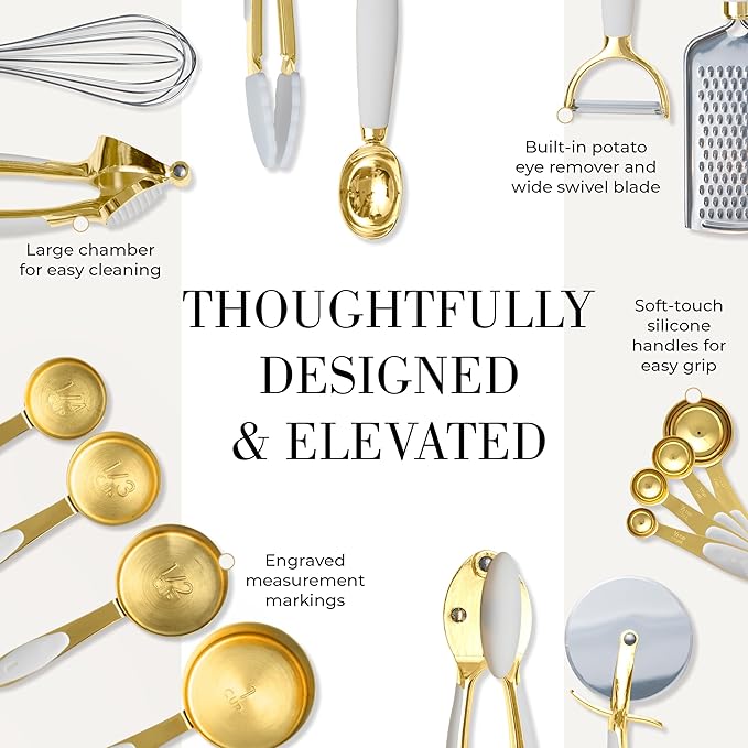 Styled Settings White and Gold Kitchen Utensils Set – 16-Piece Silicone Cooking Utensils with Measuring Cups and Spoons