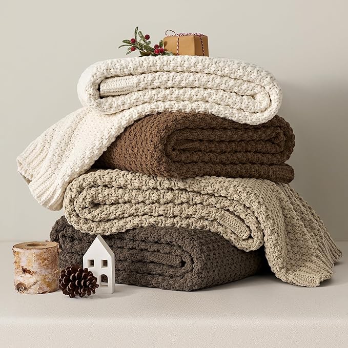 EVERGRACEHOME Chunky Chenille Knit Throw Blanket for Couch, Soft Luxurious Moss Stitch Blankets for Bed, Cozy Decorative Farmhouse Knitted Throws for Sofa, Sand Dune, 60" x 80"