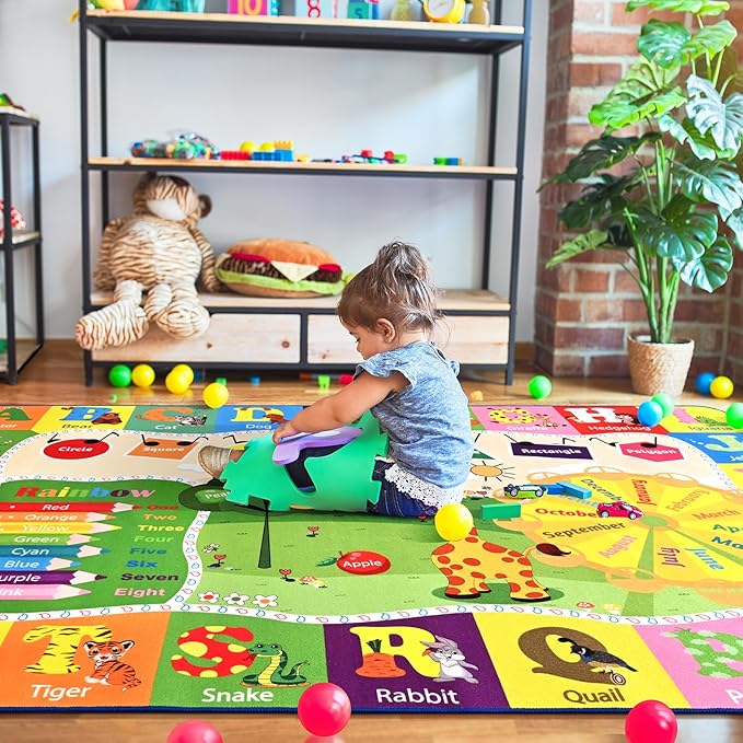 Kids Rugs for Playroom Classroom Bedroom, Educational and Fun Play Mat with ABC Alphabet Animals, Learning Rug for Children Toddler Baby Girls Boys Nursery, Washable, 4x6