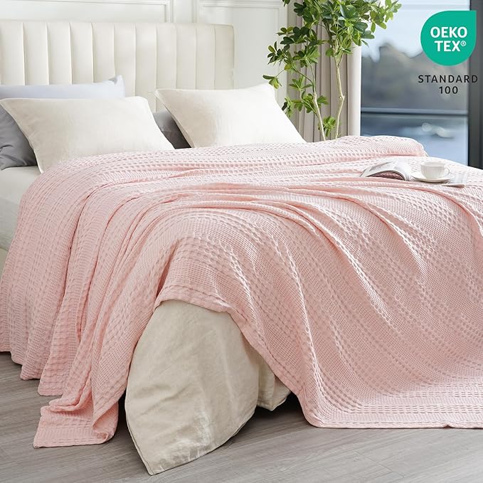 PHF Cooling Waffle Blanket Queen Size, Lightweight 60% Rayon Derived from Bamboo & 40% Cotton Breathable Blanket for Hot Sleepers, Soft and Luxury for Bed Couch and Sofa, 90"x90", Pink