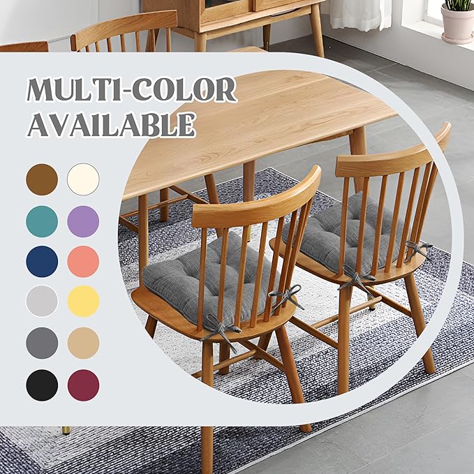 puredown® Chair Cushions for Dining Chairs, Tufted Memory Foam Chair Pads with Non-Slip Backing, Kitchen Seat Cushions with Ties, Washable Seat Pad Set of 4, 15.5" x 15.5" x 4", Dark Grey