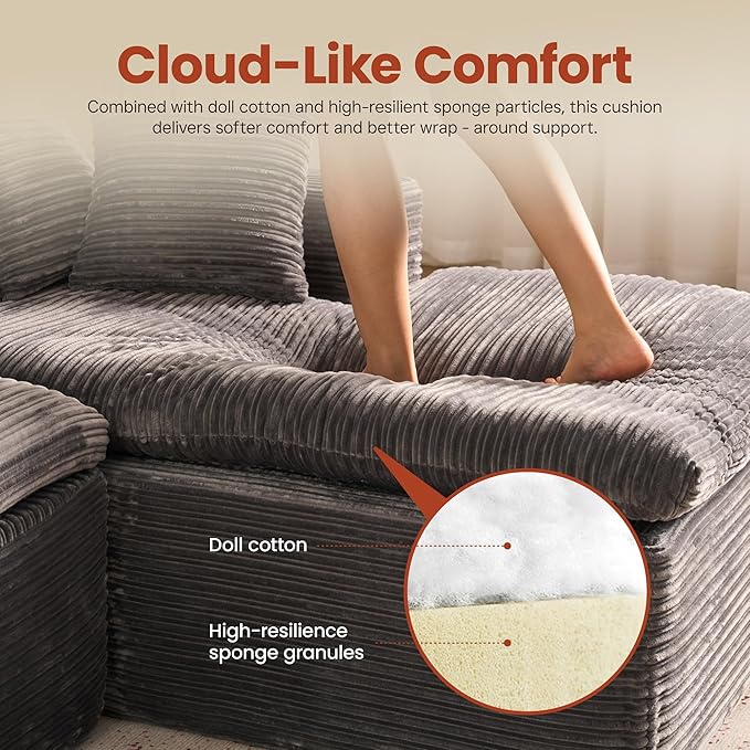 ovios 105” Modular Sectional Sofa with Thicken Seat Cushion, Cloud Couch with Deep Seat, Modern L-Shape Sofas Couches with Chaise,Upholstered Couches for Living Room Bedroom,Grey