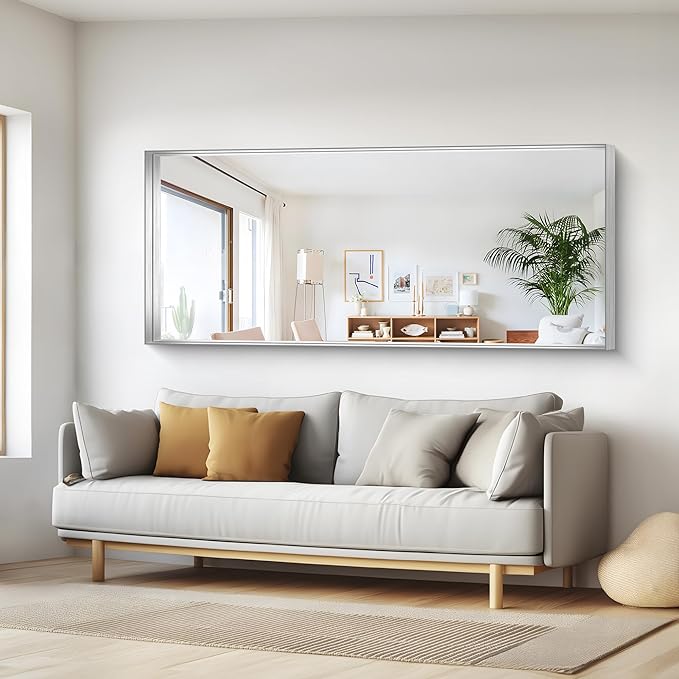 Silver Bathroom Mirror, 72x30 Inch Rectangular Deep Frame Mirror, Large Wall Mounted Bathroom Vanity Mirror Over Sink for Bedroom,Restroom, Living Room, Hangs Vertically or Horizontally