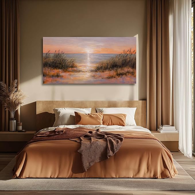 Coastal Wall Art Colorful Scenery Artwork Orange Sunset Wall Decorations for Living Room 24"x48" Nature Photo Prints for Bedroom Dining Room