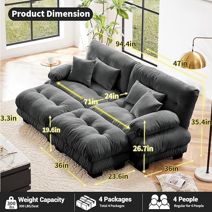 Loveseat Modular Sectional Sofa, U Shaped Couch with Ottoman, Cloud Couch Sectional Couch Home Sofa Living Room Oversized Couch Deep Seat Couch with Round Bolster Armrests 4 Pillows(Gray)