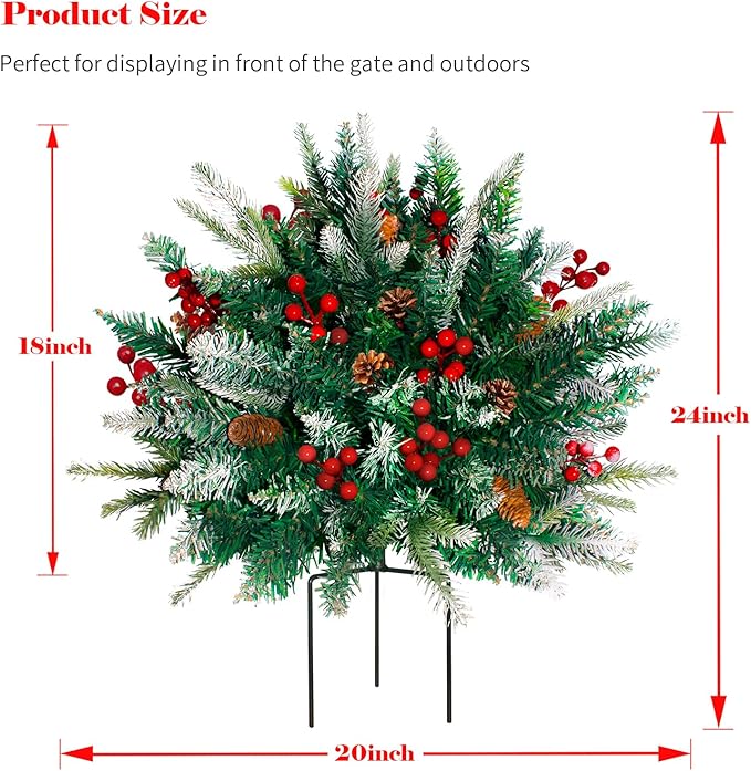 2 Pack Lighted Artificial Christmas Urn Filler, Battery Operated Pre-lit Xmas Pine Trees, Tripod Stake and 60 LED Lights, Holiday Porch Decorations for Porch, Yard, Garden, Flower Beds（Warm White）