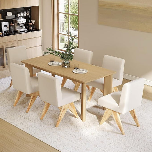 Mid Century Modern Farmhouse Dining Chairs Set of 6, Upholstered Armless Kitchen Chairs with Back and Wooden Legs, Linen Beige
