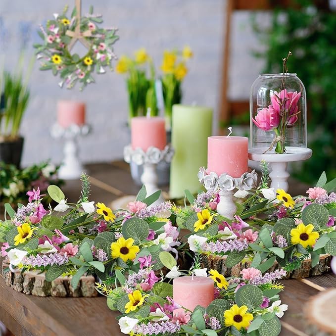 6 Pcs Spring Summer Artificial Flowered Swag Wreaths 3" Mini Floral Daisy Hanging Wreaths for Kitchen Cabinets Pillar Candle Holder Wreath for Wedding Farmhouse Porch Wall Window Door Tabletop Decor