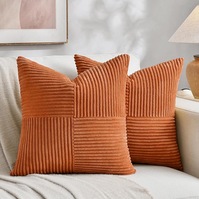 Fancy Homi 2 Packs Burnt Orange Decorative Throw Pillow Covers 22x22 Inch for Living Room Couch Bed, Rustic Farmhouse Boho Home Decor, Soft Corss Corduroy Patchwork Accent Square Cushion Case 55x55 cm