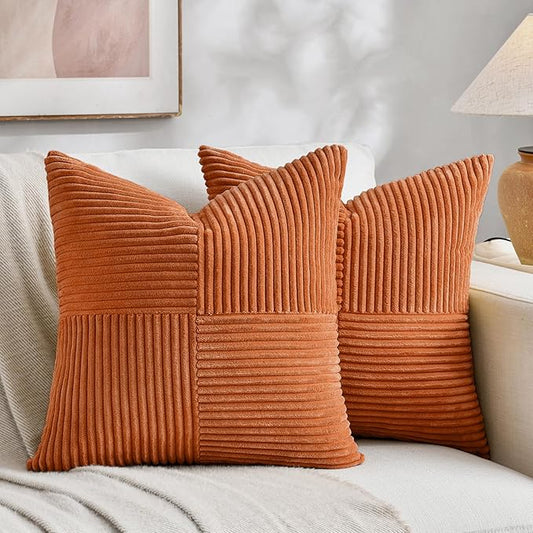 Fancy Homi 2 Packs Burnt Orange Decorative Throw Pillow Covers 18x18 Inch for Living Room Couch Bed Sofa, Farmhouse Boho Home Decor, Soft Corss Corduroy Patchwork Textured Accent Cushion Case 45x45 cm