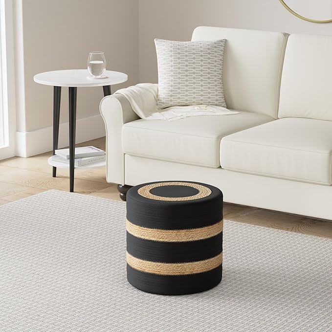 REDEARTH · Cylindrical Pouf Foot Stool Ottoman - Jute Braided Pouffe Poof Accent Sitting Footrest for The Living Room, Bedroom, Nursery, Patio, Lounge & Other Rooms (14.5”x14.5”x16”; Black Natural)