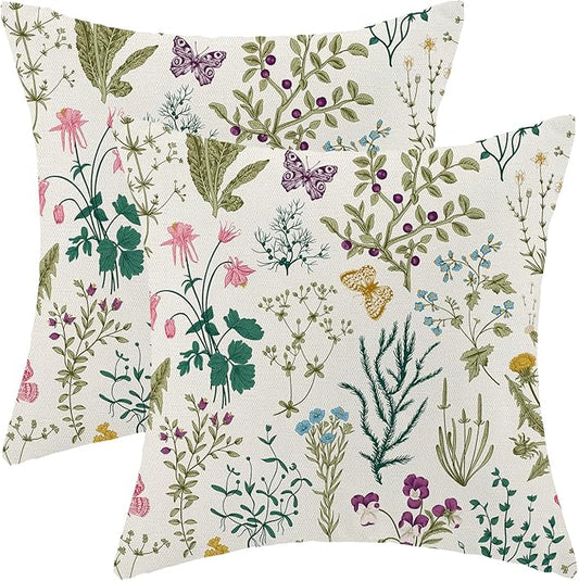 CXMEIFLY Spring Pillow Covers 16 x 16 Inch Set of 2 Vintage Sage Green Teal Wild Flowers Decor Throw Pillows Leaves Plant Outdoor Farmhouse Decorative Cushion Cases for Couch Bed Sofa Decoration