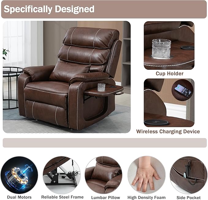 Power Lift Recliner Chair for Adults Elderly Lay Flat Leather Recliners with Massage Heating, Extended Footrest, Wireless Charging Device, USB Ports, Cup Holder, Lumbar Pillow, Up to 400LBS