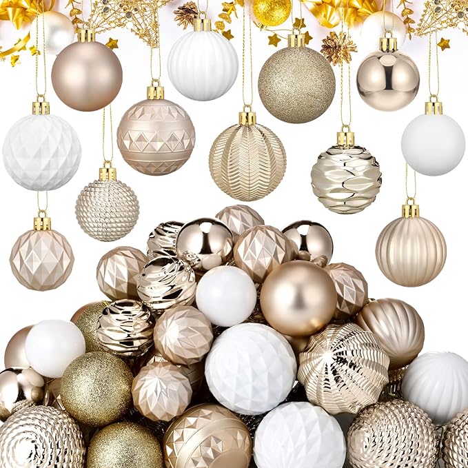 64 Pcs Neutral Christmas Ball Ornaments Champagne Gold White Christmas Tree Decorations Set 1.6/1.97/2.4 Inch Shatterproof Glitter Matt Xmas Baubles Neutral Ornaments for Xmas Tree Home Decor