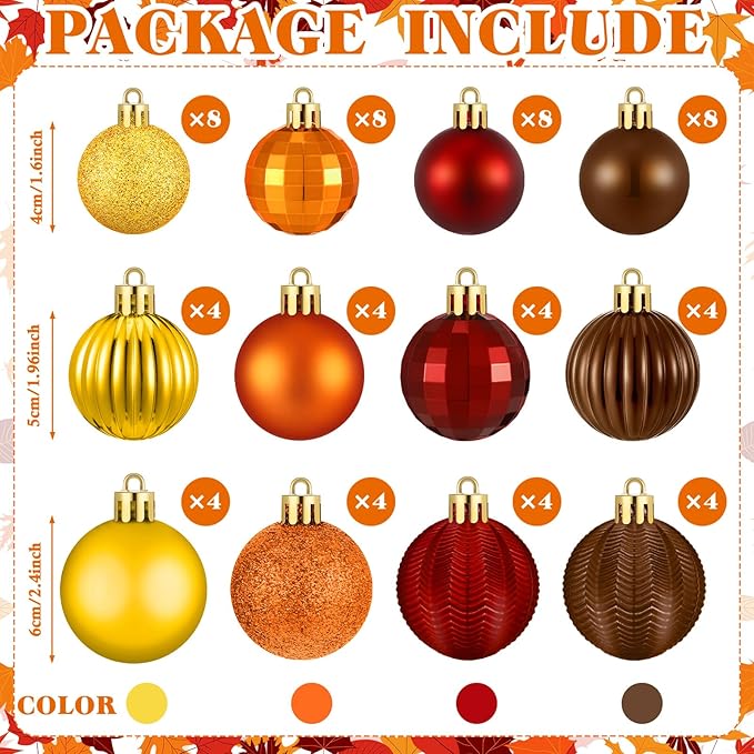 64 Pcs Fall Thanksgiving Ball Ornaments for Christmas Tree Glitter Gold Orange Brown Ornament Hanging Autumn Decoration Assorted Size Harvest Ornament for Home Indoor Decor, 1.6/1.97/2.4 Inch