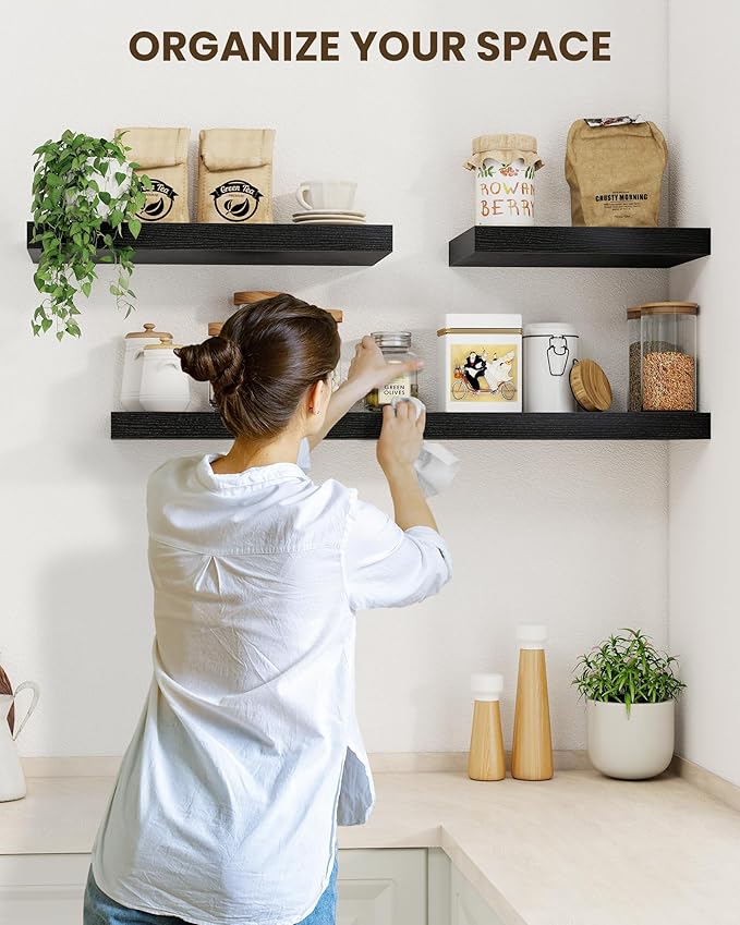 Marsmiles 36" Floating Shelves for Wall, Wooden Shelves with Invisible Brackets Set of 2, Rustic Farmhouse Wall Mounted Shelf for Kitchen Bathroom Living Room Study, Black