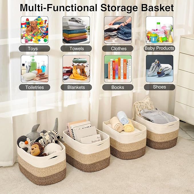 Storage Baskets for Organizing & Shelves, Woven Cotton Rope Organization Bins for Dog Toys, Clothes, Books, Nursery Organizer, 15"Lx11"Wx9.5"H, (4 Packs) Gradient Brown