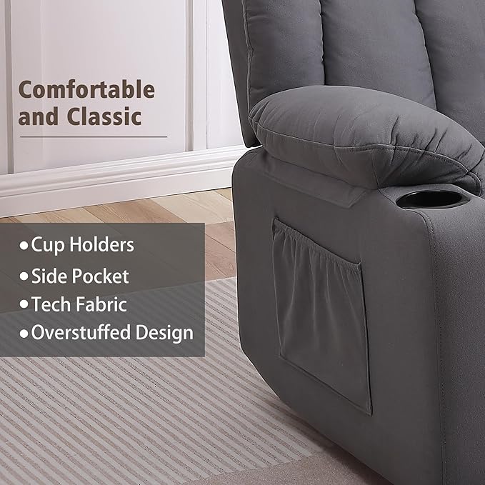 Rocker Swivel Recliner Chair for Adults, Overstuffed Large Manual Recliner Glider with Massage and Heat, Comfy Soft Fabric Living Room Reclining Sofa Chair(Technical Grey)