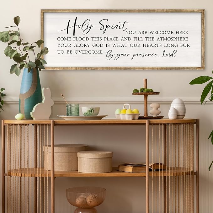 Holy Spirit You are Welcome Here Wall Decor Art 40x15 Inch Large Christian Song Bible Verse Plaque Wood Framed Sign Living Room Scripture Quote Religious For Office Wall Hanging (Wood)