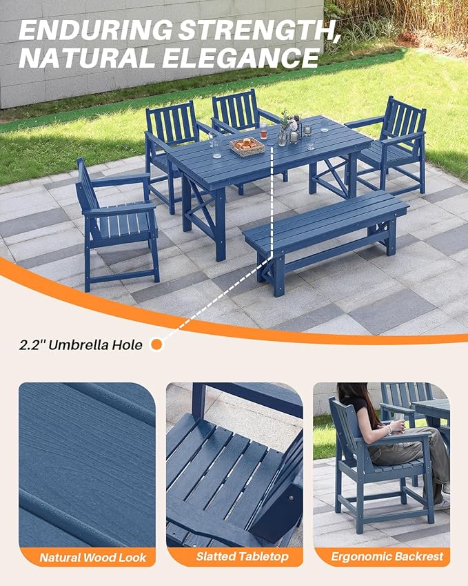 HDPE Outdoor Dining Set of 6, Patio Dining Table Set with 4 Chairs and 1 Bench, 6 Pieces HDPE Dining Set with Umbrella Hole, Outdoor Furniture Sets for Deck, Poolside, Garden, Navy