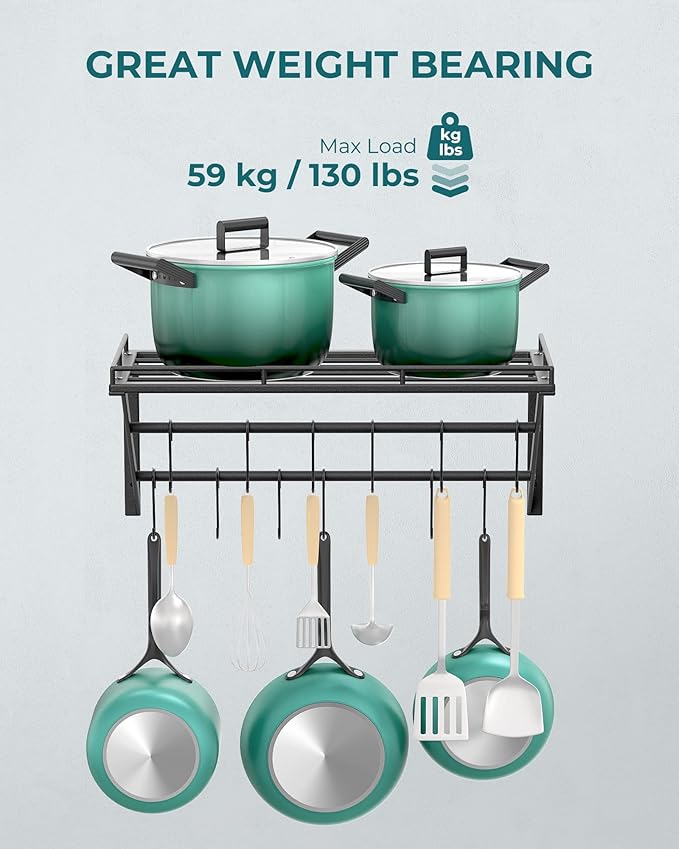 OROPY 23 Inch Wall Mounted Pot Rack Storage Shelf with 2 Tier Hanging Rails 12 S Hooks included, Ideal for Pans, Utensils, Cookware, Plant Black