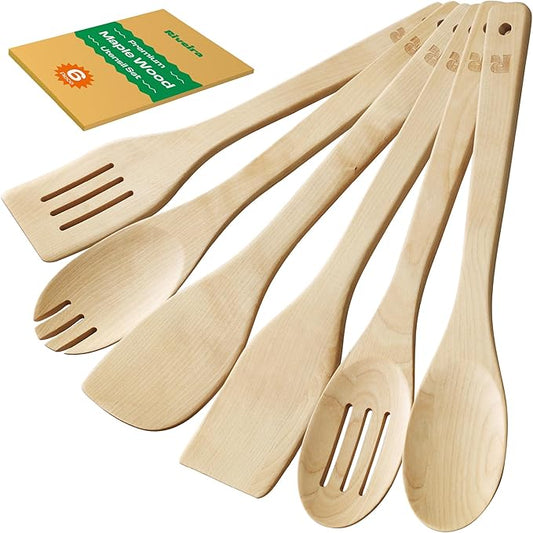 Riveira Maple Wooden Cooking Utensils Set of 6 Premium Non-Toxic Wooden Spoons & Spatula for Cooking