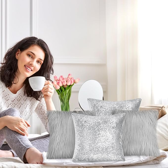 Irenare 4 Pcs Sequin and Fluffy Pillow Covers Winter Throw Pillow Cases Soft Cushion Cover for Couch Bed Sofa Xmas Day(18 x 18 Inch,Silver, Gray)